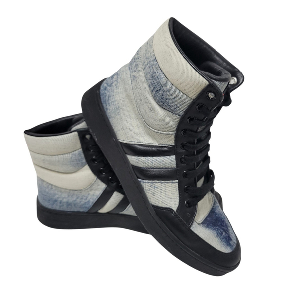 Gucci High Top Denim Sneakers EU38 US 7.5 Blue Faded Distressed Retro Casual